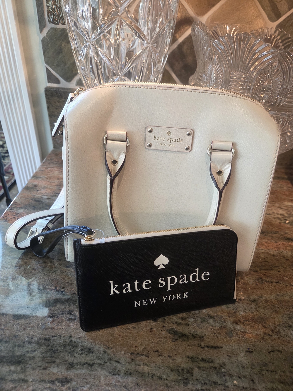 kate spade White Leather Satchel with Black Zip Wristlet